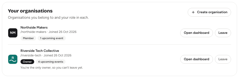 The Account settings Organisations tab listing organisations with Open dashboard and Leave buttons