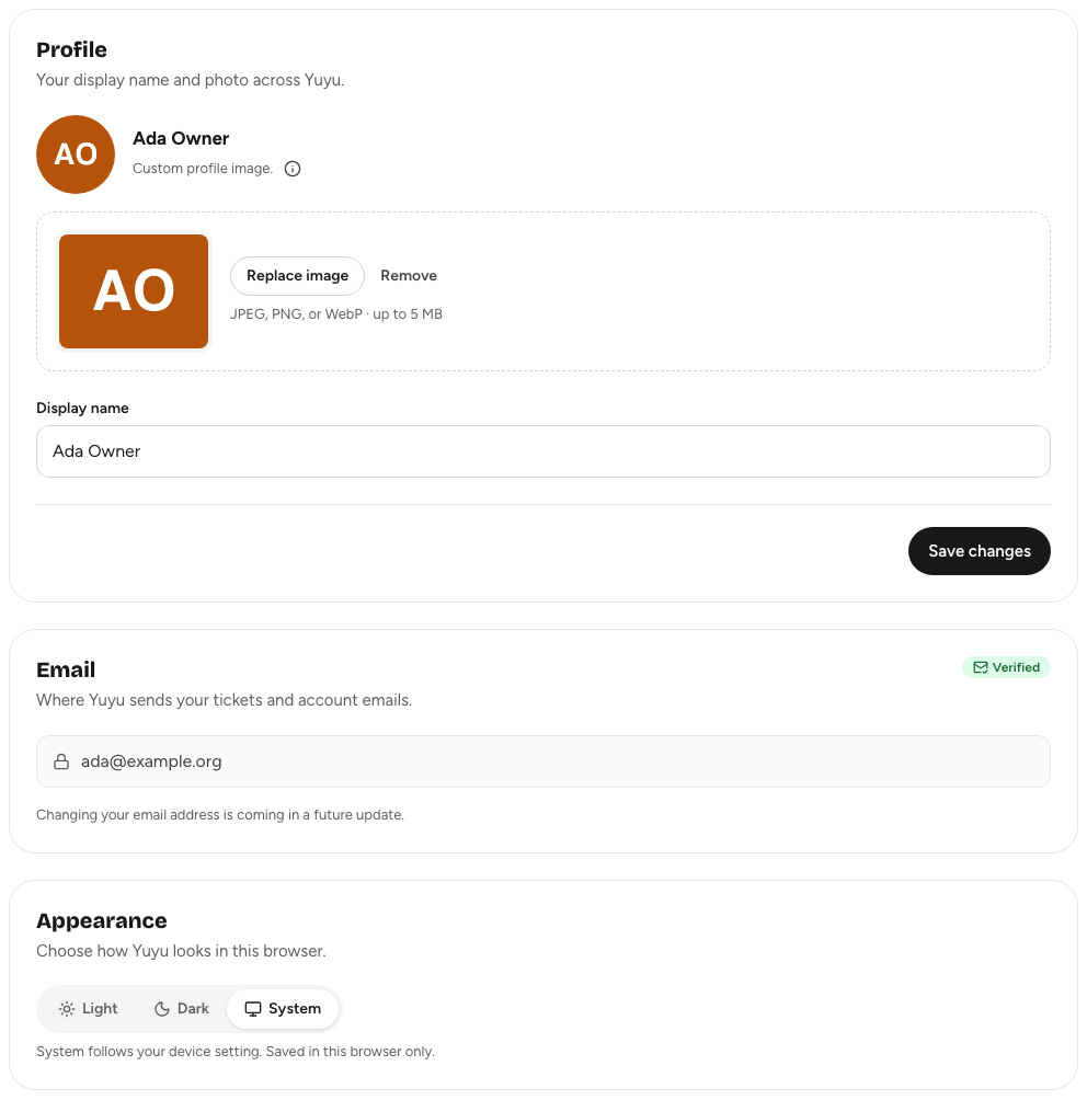 The Account settings Profile tab with the Profile, Email and Appearance cards