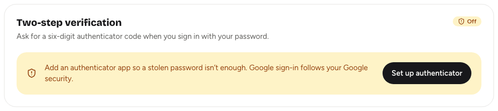 The Security tab with the Two-step verification card and the Set up authenticator button