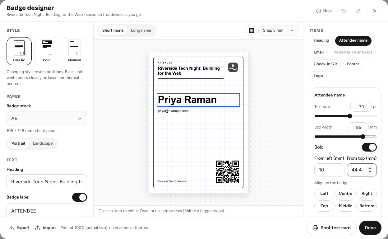 The badge designer with style, paper and text settings, a live badge preview and the selected item panel