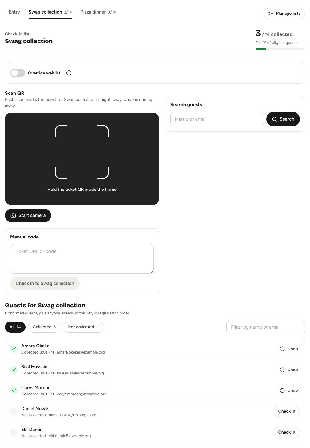 A custom check-in list desk with the list tabs, scanner, search and the guests filtered by collected or not collected