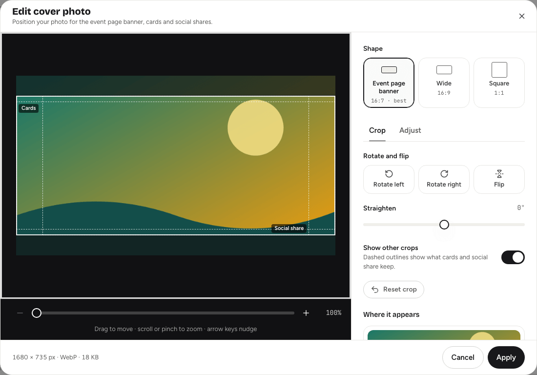 The Edit cover photo dialog with the crop area, shape choices, Crop and Adjust tabs, and placement previews