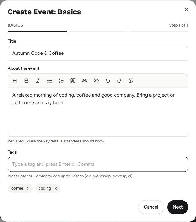 The Create Event dialog on step 1 of 3, Basics, with title, about and tags fields
