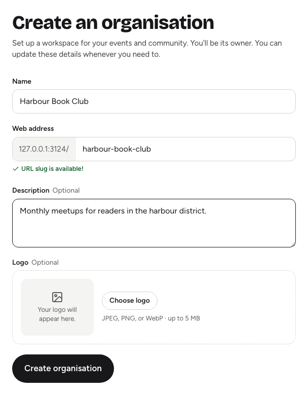 The Create an organisation form with name, web address, description and logo fields