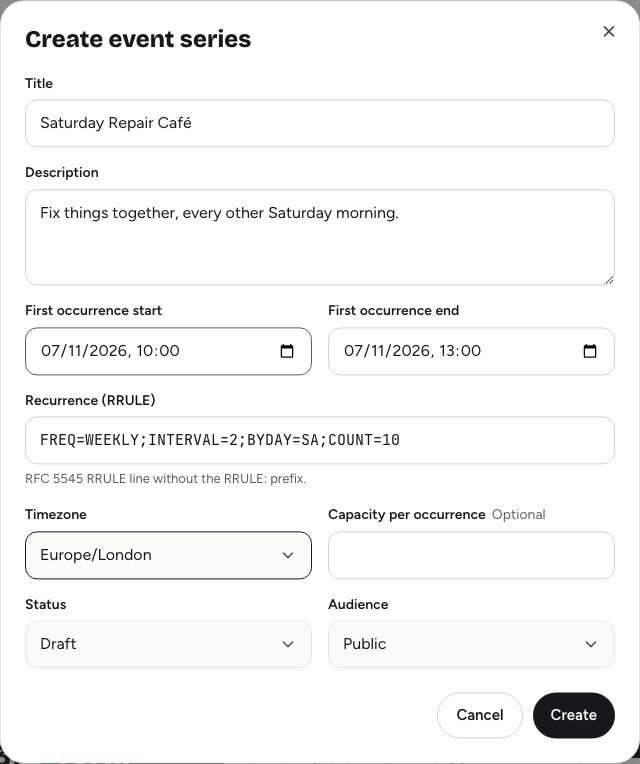 The Create event series dialog with first occurrence times, the recurrence rule and timezone