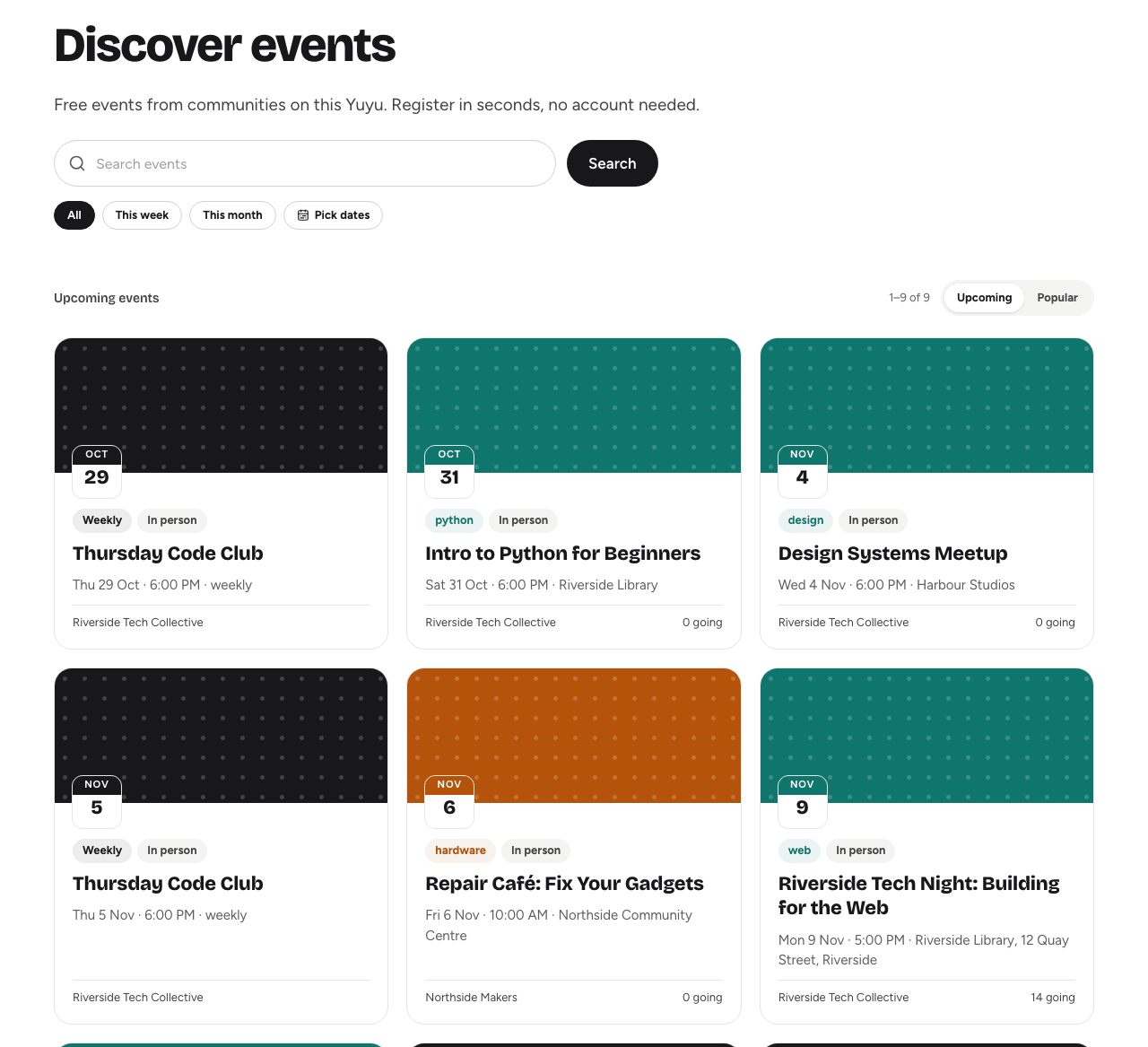 The Discover page with the search box, date filters and a grid of event cards