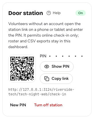 The Door station card on the Check-in tab, turned on, with the station QR code, a hidden PIN and the station controls