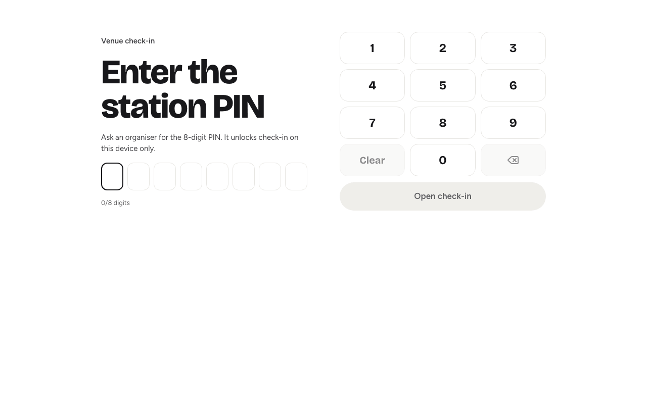 The station's Enter the station PIN screen with eight digit boxes and a number keypad