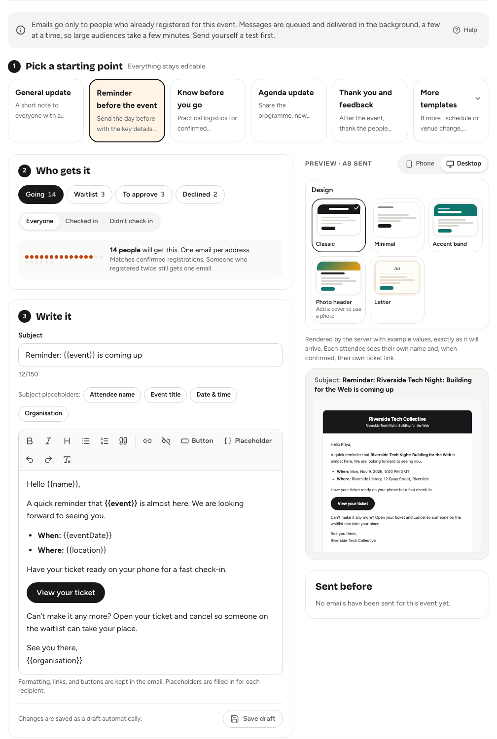 The Emails tab with a template chosen, the audience picked and the preview beside the message