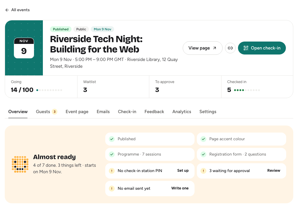 The event dashboard Overview tab with the readiness checklist