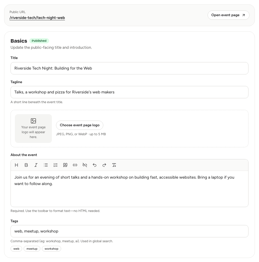 The Details sub-tab of the Event page tab, showing the Basics card and the Public URL