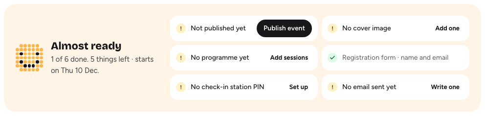 The event dashboard Overview tab with the readiness checklist and its Publish event button
