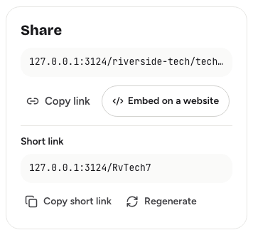 The Share card on the event Overview tab with the event link and a short link