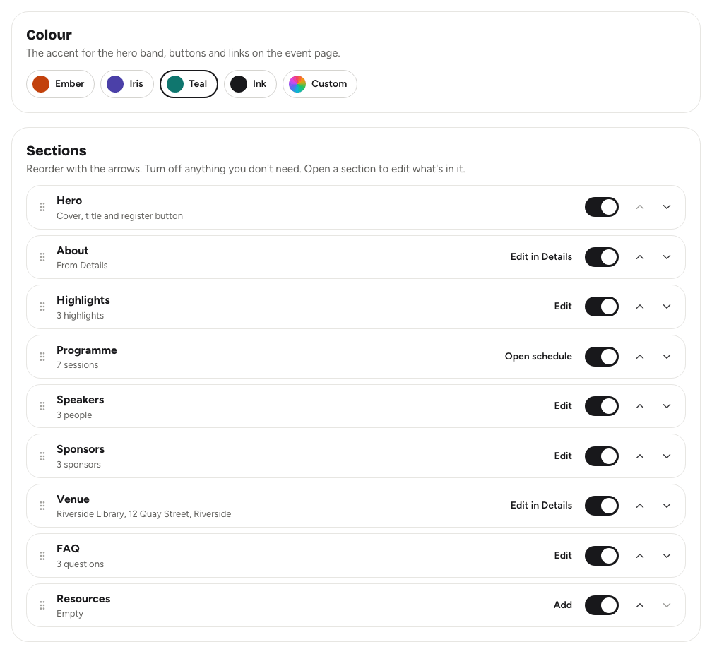 The Page & programme sub-tab with the Colour picker and the Sections list