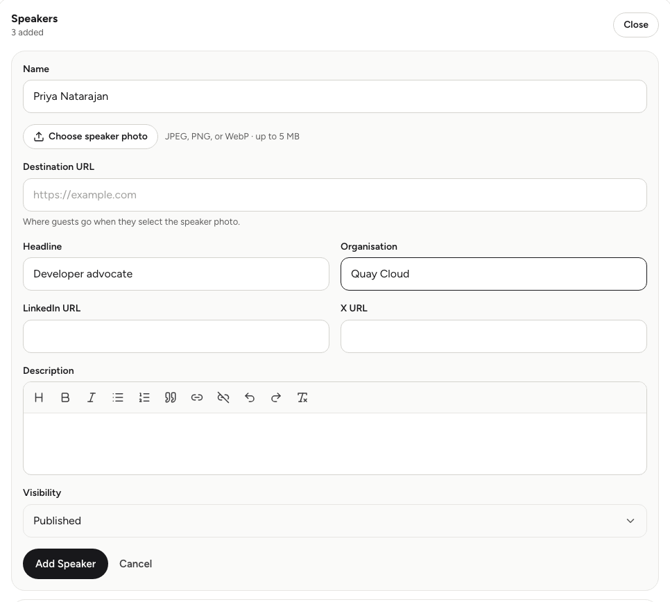 The Add Speaker form on the Page & programme sub-tab