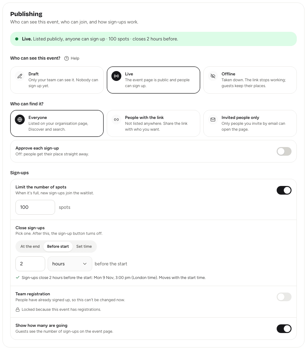 The Publishing card with the Draft, Live and Offline choices, Who can find it options and the Sign-ups settings