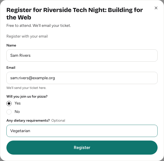 The Register for dialog on an event page with name, email and the organisers' questions