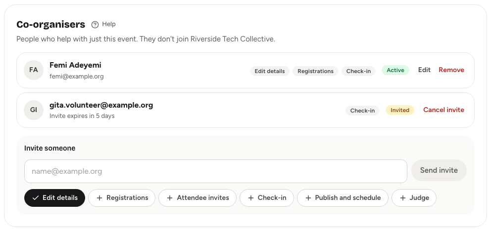 The Co-organisers card on the event Settings tab with one active co-organiser and one pending invite