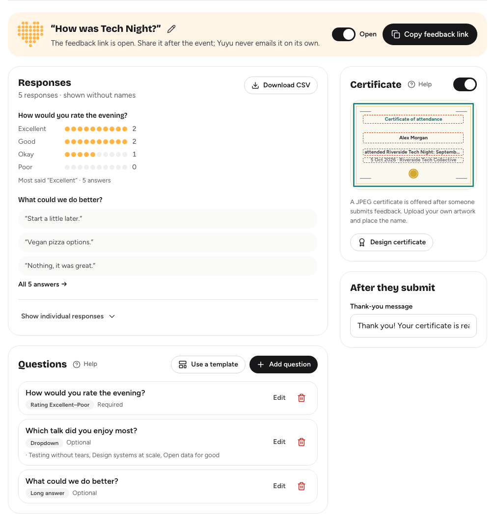 The Feedback tab with the form title, the Open switch, Copy feedback link, the Responses summary and the list of questions