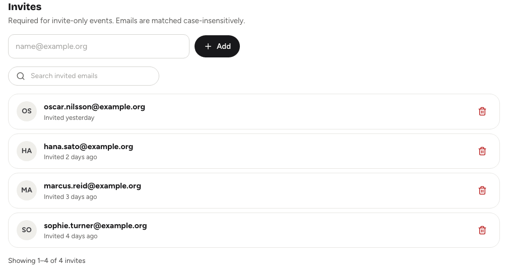 The Invites sub-tab with the email box and a list of invited addresses