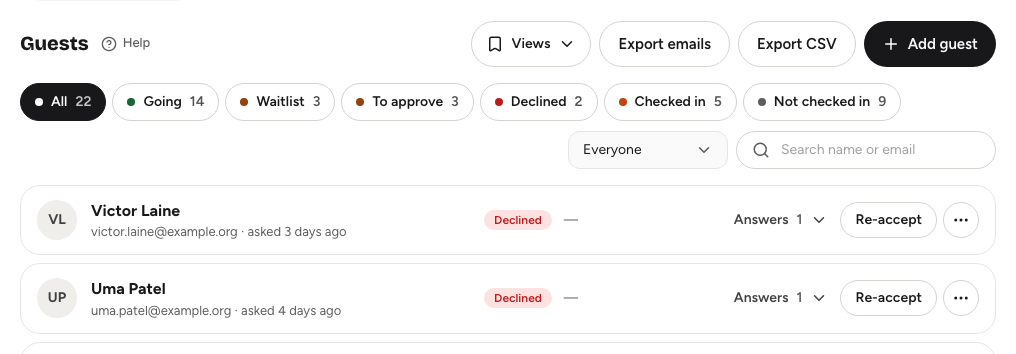 The Export emails and Export CSV buttons above the Guests People list