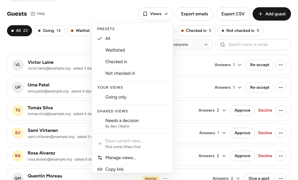 The Views menu on the Guests People list, showing presets, your views and shared views