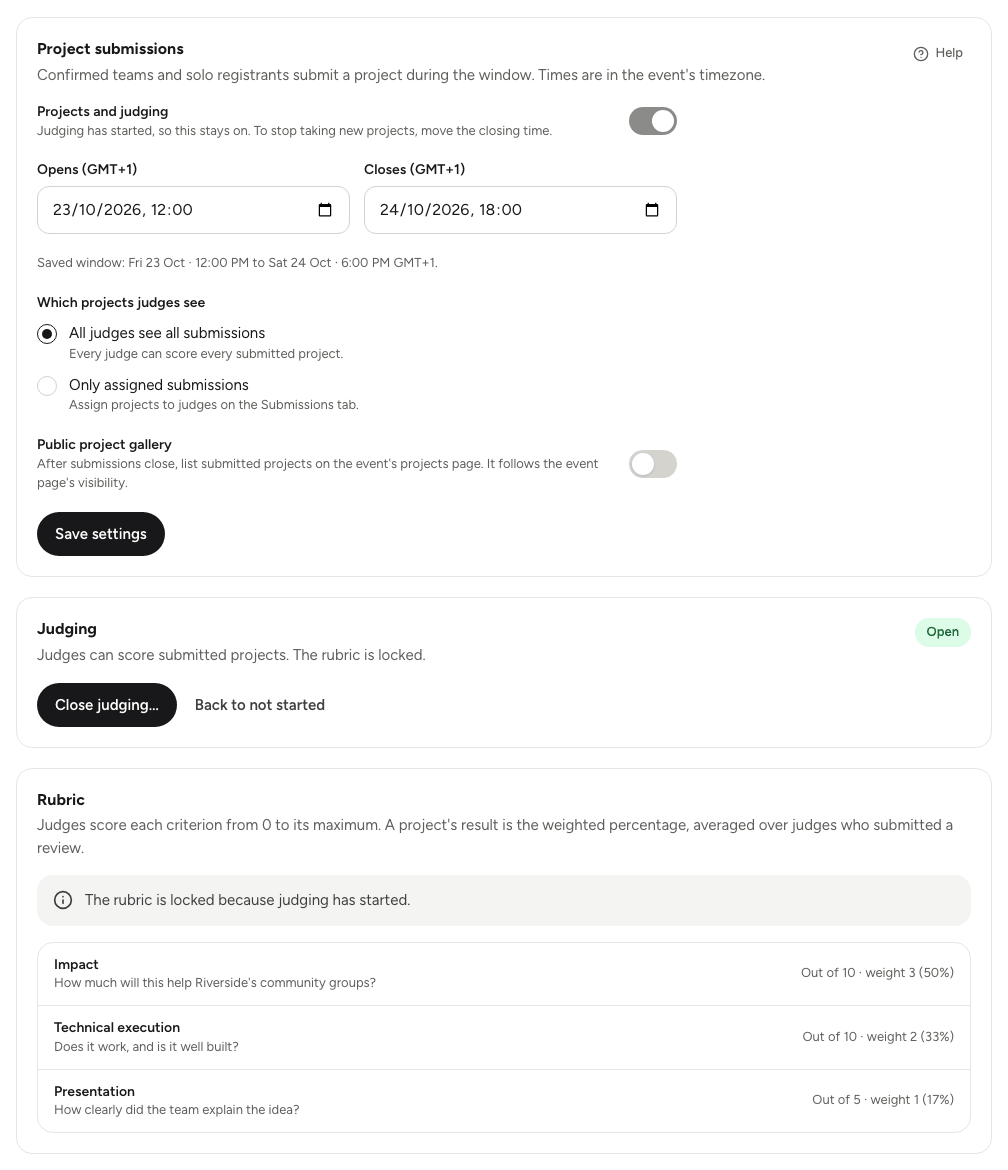 The Judging tab's Setup section with the Project submissions settings, the Judging status card and the rubric
