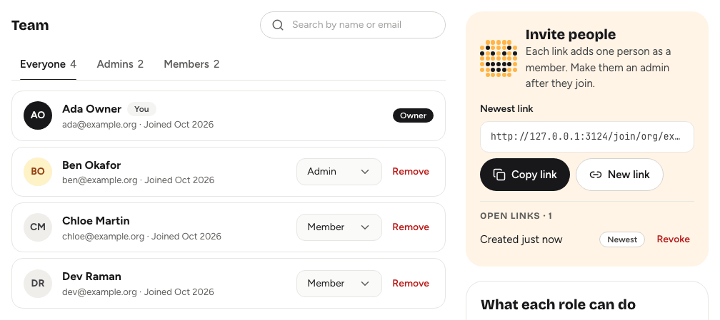 The Members page with the team list, role chips and the Invite people card