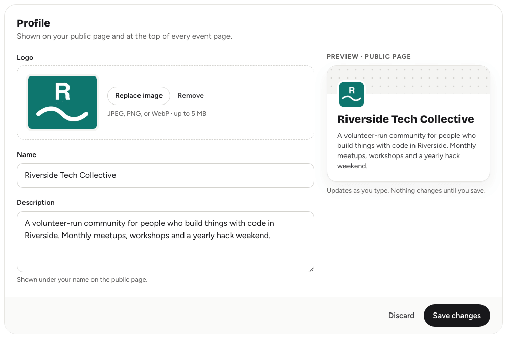 The organisation Profile card with logo, name and description fields beside a live public page preview