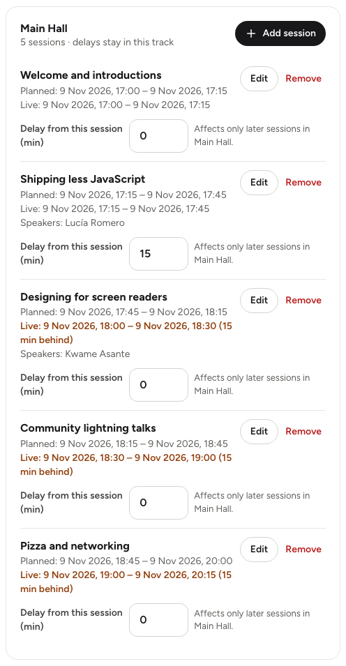 A track on the Programme schedule page with a 15-minute delay and the later sessions showing their live times