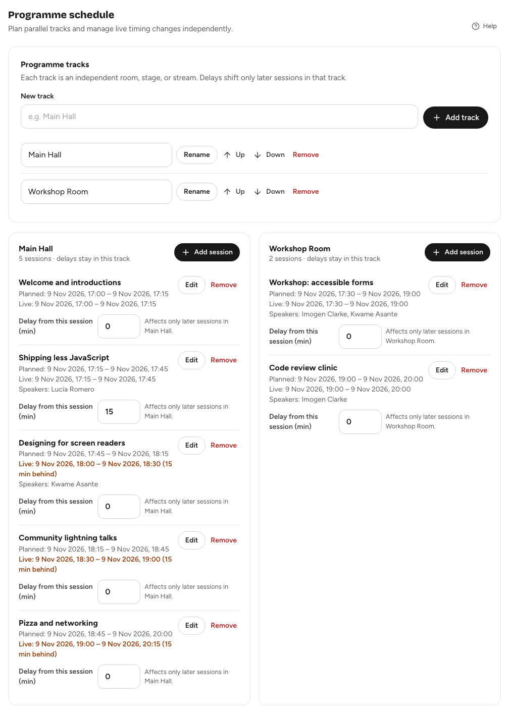 The Programme schedule page with two tracks and their sessions