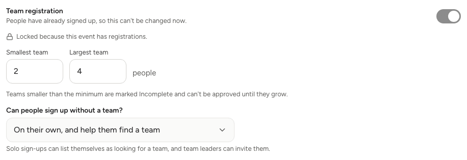 The Team registration settings in the Publishing card, with team sizes and the solo sign-up choice