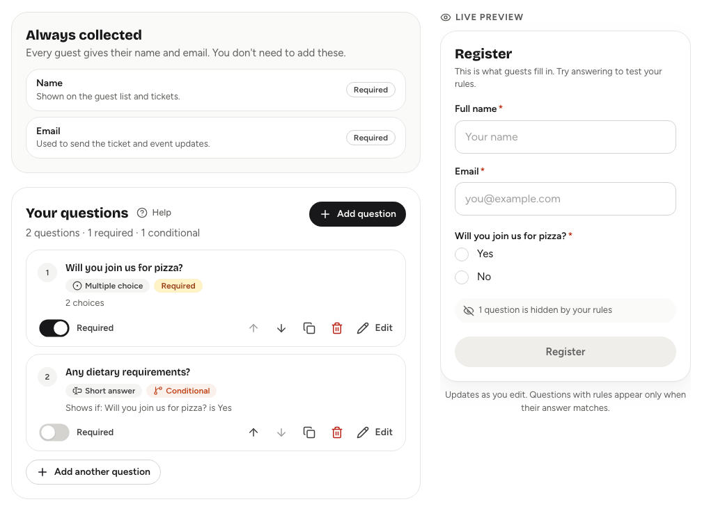 The Registration form sub-tab with two custom questions and the live preview